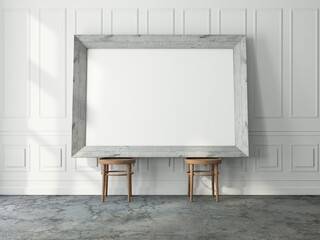 Horizontal white wooden Frame Mockup standing on the two wooden chairs in white living room, 3d rendering