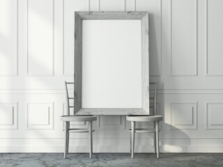 Vertical white wooden Frame Mockup standing on the two wooden chairs in living room, 3d rendering