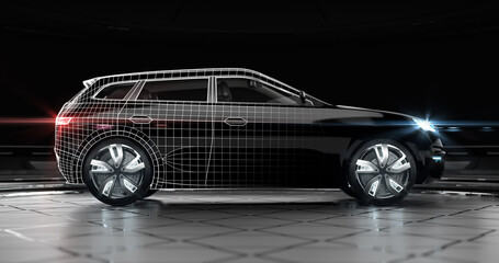Fototapeta na wymiar Modern design and tech plan of black suv car with led headlights. A side view of a generic non existing prototype of a car. Professional product 3D rendering.