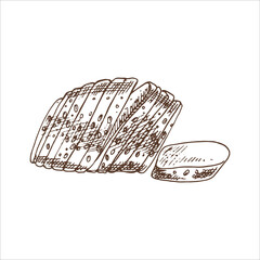 Vector hand drawn illustration of loaf of sliced bread. Brown and white  bread drawing isolated on white background. Sketch icon and bakery element for print, web, mobile and infographics.