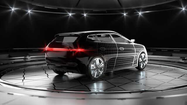Modern design and tech plan of black suv car with led headlights. A back side view of a generic non existing prototype of a car. Professional product 3D rendering.