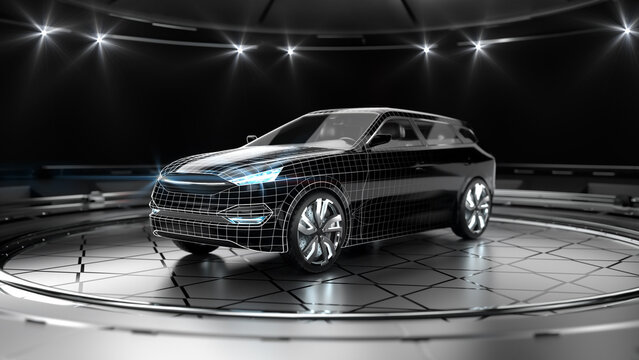 Modern design and tech plan of black suv car with led headlights. A view of a generic non existing prototype of a car. Professional product 3D rendering.