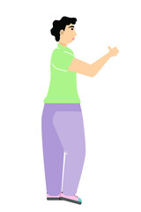 guy in trousers and a t-shirt standing sideways shows class with his hand