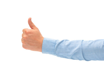 Businessman male hand showing thumbs up on white isolated background.
