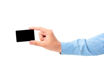 Male hand holding blank black card isolated on white background