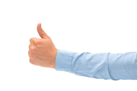 Businessman male hand showing thumbs up on white isolated background.