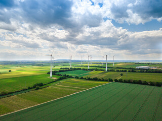 Aerial drone view of windmill in in Rheinhessen countryside, Germany