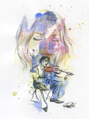 Gordijnen watercolor painting. musician and girl. illustration.  © Anna Ismagilova