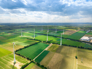 Aerial drone view of windmill in in Rheinhessen countryside, Germany