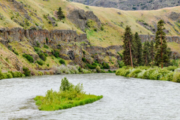 Obraz premium The Yakima River passes massive basalt cliffs in the Yakima Canyon in Central Washinghton State