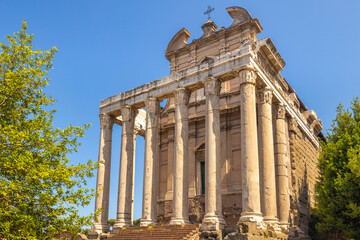 Fototapeta na wymiar The Temple of Antoninus and Faustina in The Roman Forum (latin name Forum Romanum), Rome, Italy, Europe.