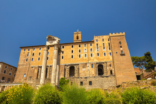 The Tabularium with The Temple of Vespasian and Titus in The Roman Forum (latin name Forum Romanum), Rome, Italy, Europe.