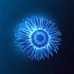 Futuristic glowing low polygonal sunflower isolated on dark blue background.