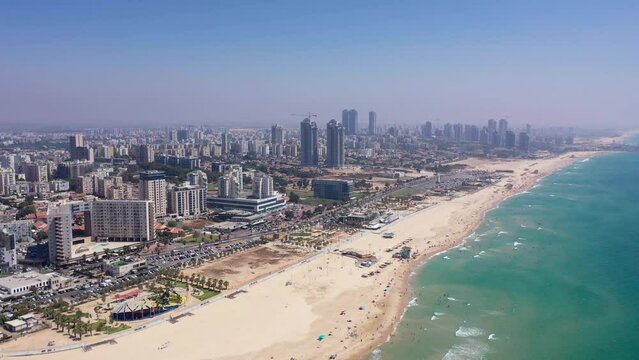 Israel shoreline and Hotels Aerial view
Drone view from the Ashdod city beach and hotels, June,2022 
