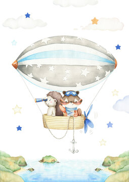 Cute little hedgehog and chipmunk in hot air balloon illustration. Hand painted watercolor design. Cartoon kid character. Sky airship adventure. For posters, prints, cards, background