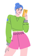 Beautiful young girl with a mobile phone posing for a photo. Selfie on a mobile phone. Model girl.Flat vector illustration. Eps10