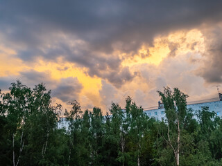 Scenic landscape with bright clouds during sunset
