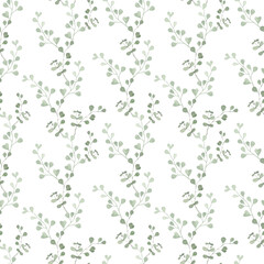 Seamless watercolor floral pattern. Green leaves and branches on white background, perfect for wedding invitations, wrappers, postcards, greeting cards, wallpapers.
