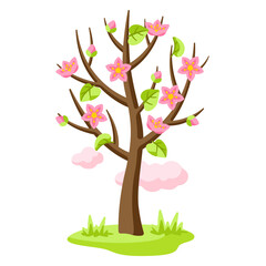 Spring tree with flowers and leaves. Seasonal illustration.