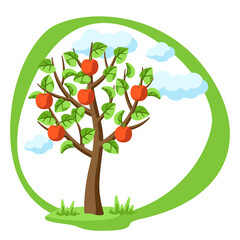 Summer tree with apples and leaves. Seasonal illustration.