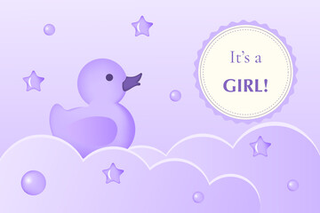 Girl birthday 3D. Cartoon clouds, duck toy on pastel purple background. Baby shower horizontal banner. Vector illustration