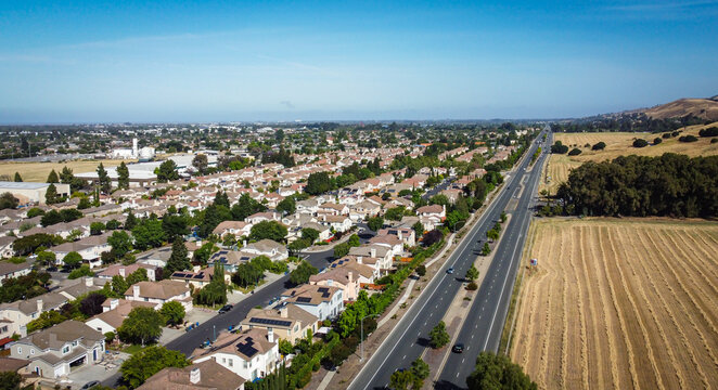 Aerial image looking north along Mission Boulevard, State Highway 238 in Union City, California.  