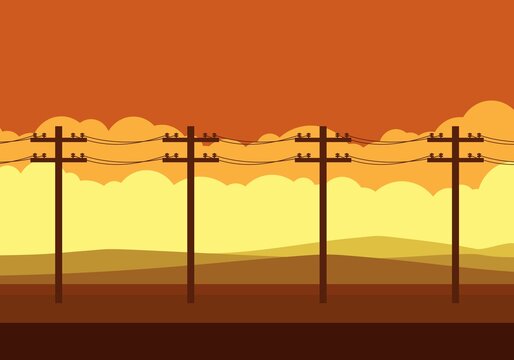 Power pole in front of hills with landscape mode and beautiful sunset. electricity pole along the way. Utility pole Electricity concept. High voltage wires. Landscape desert sunset vector