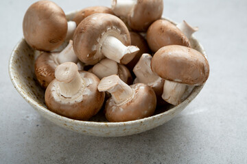 Close up of raw fresh champignon mushrooms in bowl