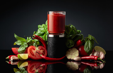 Spicy tomato sauce with ingredients.