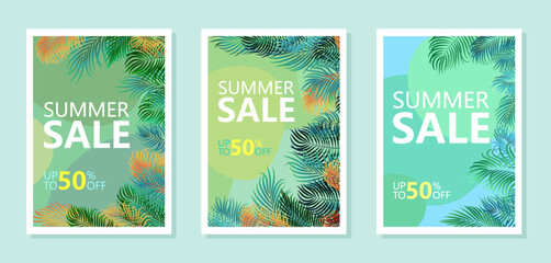 Set of design banner templates of discount promotion banner on tropical background with palm leaves. Special summer offer and discount up to 50% off banner template design with editable text