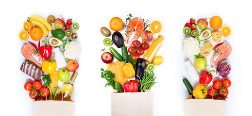 Set of healthy food background. Healthy foods in paper bag fish, vegetables and fruits on white. Shopping food supermarket concept. Long format, top view