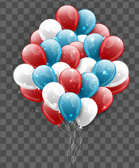 A bunch of blue, red, and white balloons in American flag colors on transparent background. 4th of July or memorial day celebration decoration.