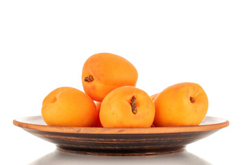 Several ripe sweet apricots with ceramic dishes, close-up, isolated on a white background.