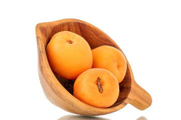 Several ripe sweet apricots with wooden utensils, close-up, isolated on a white background.