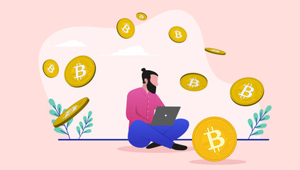 Bitcoin investor vector illustration with man sitting on floor with laptop computer and crypto currency coins flying in air
