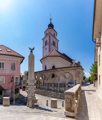Fototapeta na wymiar Plečnik Stairs, Fountain and Arches, and St. Mary of the Rosary Church