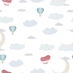 Childish seamless print. Pattern of clouds and balloons in the sky. Pastel shades. Derezhables and balloons with a travel basket. Vector illustration