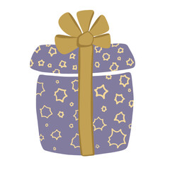 Blue gift box with pretty golden stars decor. Hand drawn vector illustration of a present box. Design for winter holidays, Christmas, New Years, greeting cards.