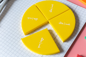 Close up of a pie chart, mathematical fractions on a open notebook. Education, back to school...