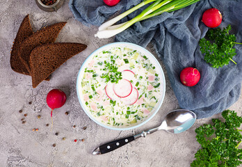 Summer cold soup with yogurt and vegetables. Traditional russian cold soup okroshka. Top view - obrazy, fototapety, plakaty