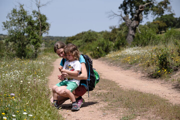 Fototapeta premium Mother and child examining flowers in nature