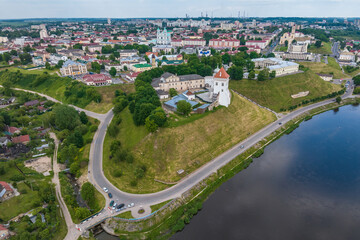 Fototapeta premium aerial panoramic view promenade overlooking the old city and historic buildings of medieval castle near wide river