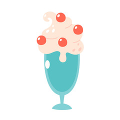 Vanilla ice cream in glass with cherry. Summertime, hello summer. Hand drawn vector illustration