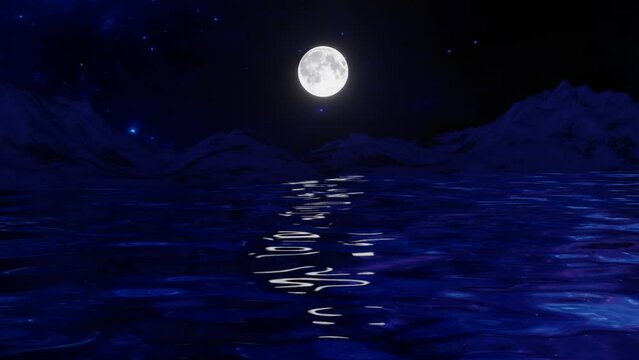 3d render sea waves in motion with snow mountains, moon and stars in the background