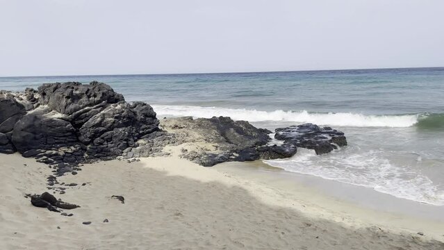 Passatwinde sorgen f&uuml;r gro&szlig;e Wellen am Strand auf Fuerteventura.