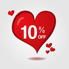 10% off. Red heart 10 percent off. Decorative hearts around. Heart Tag