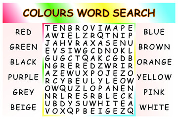 Colours word search puzzle vector