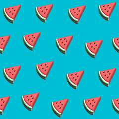 Pattern with 3D watermelon slices. Textured summer watermelon illustration on blue background