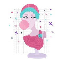 Psychedelic surreal illustration a colorful greek bust , ancient sculpture with pink buble gum. Cartoon vector illustration in trendy psychedelic trippy style. 10EPS