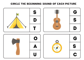 Worksheet for kids. Find the beginning sound of camping elements.